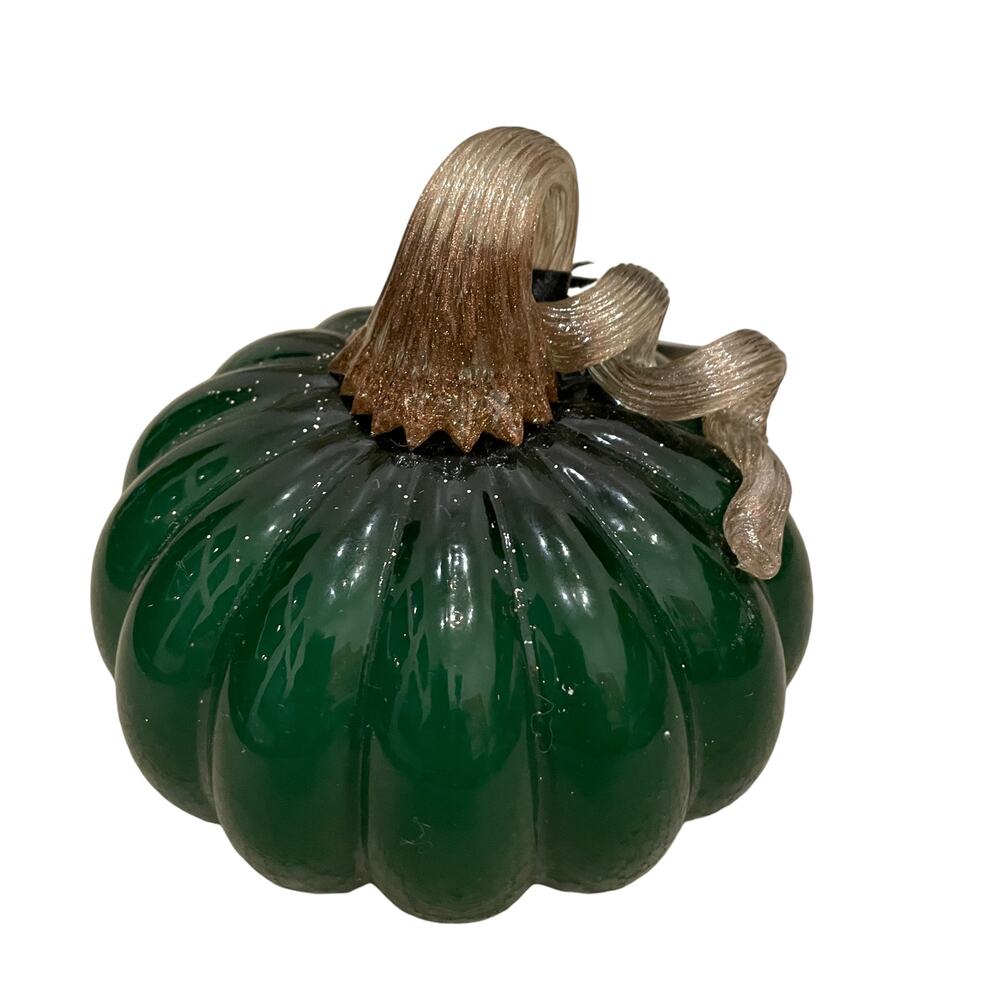 CHRISTIAN SIRIANO Hand Blown Art Glass Pumpkin Emerald Green Gold Stem New - Picture 7 of 10